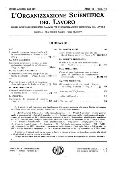 L'organizzazione scientifica del lavoro rivista dell'Ente nazionale italiano per l'organizzazione scientifica del lavoro