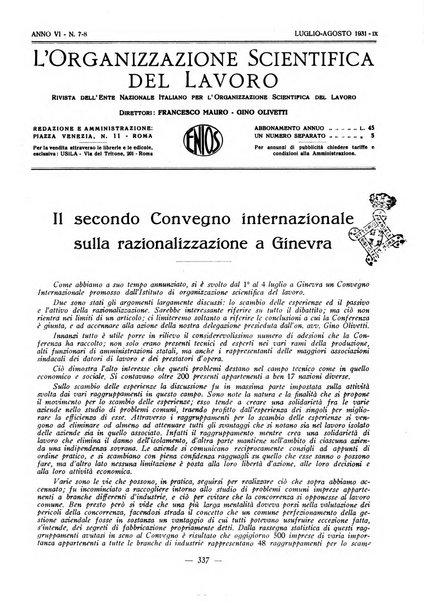 L'organizzazione scientifica del lavoro rivista dell'Ente nazionale italiano per l'organizzazione scientifica del lavoro