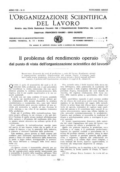 L'organizzazione scientifica del lavoro rivista dell'Ente nazionale italiano per l'organizzazione scientifica del lavoro