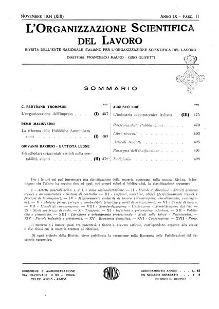 L'organizzazione scientifica del lavoro rivista dell'Ente nazionale italiano per l'organizzazione scientifica del lavoro