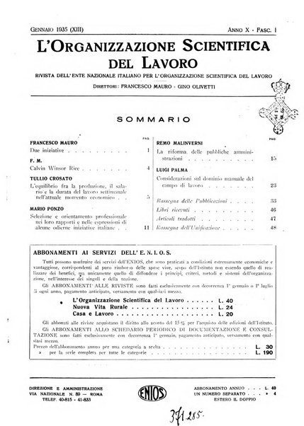 L'organizzazione scientifica del lavoro rivista dell'Ente nazionale italiano per l'organizzazione scientifica del lavoro