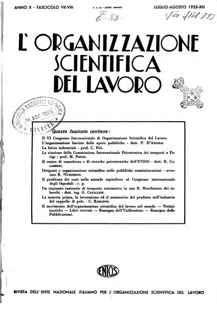 L'organizzazione scientifica del lavoro rivista dell'Ente nazionale italiano per l'organizzazione scientifica del lavoro