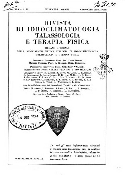 Rivista di idroclimatologia, talassologia e terapia fisica organo ufficiale dell'Associazione medica italiana di idroclimatologia talassologia e terapia fisica