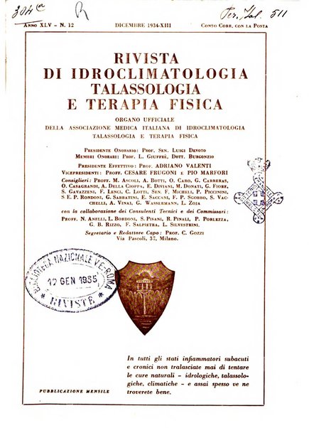 Rivista di idroclimatologia, talassologia e terapia fisica organo ufficiale dell'Associazione medica italiana di idroclimatologia talassologia e terapia fisica