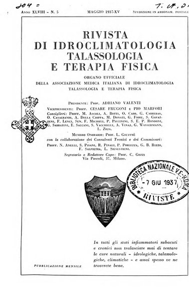 Rivista di idroclimatologia, talassologia e terapia fisica organo ufficiale dell'Associazione medica italiana di idroclimatologia talassologia e terapia fisica