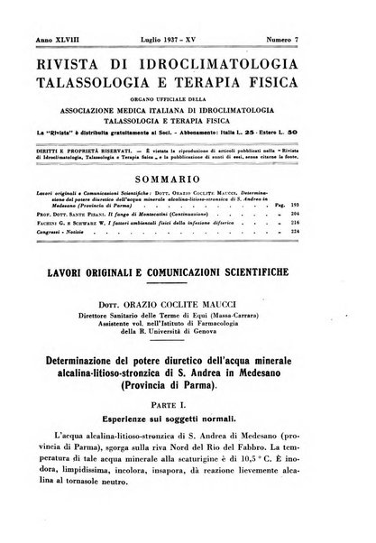 Rivista di idroclimatologia, talassologia e terapia fisica organo ufficiale dell'Associazione medica italiana di idroclimatologia talassologia e terapia fisica