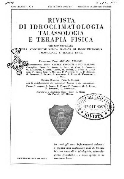 Rivista di idroclimatologia, talassologia e terapia fisica organo ufficiale dell'Associazione medica italiana di idroclimatologia talassologia e terapia fisica