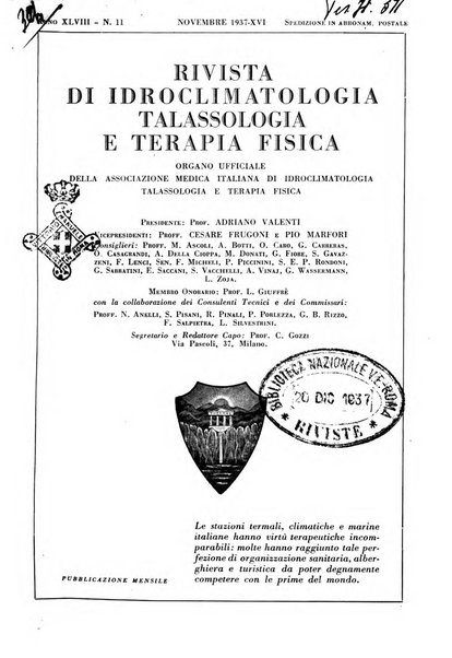 Rivista di idroclimatologia, talassologia e terapia fisica organo ufficiale dell'Associazione medica italiana di idroclimatologia talassologia e terapia fisica