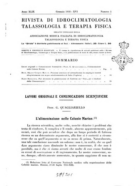 Rivista di idroclimatologia, talassologia e terapia fisica organo ufficiale dell'Associazione medica italiana di idroclimatologia talassologia e terapia fisica