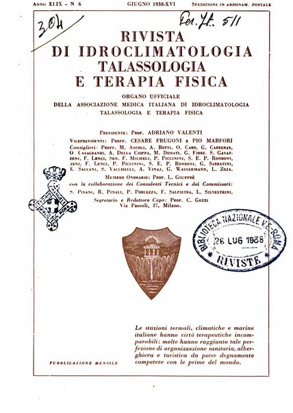 Rivista di idroclimatologia, talassologia e terapia fisica organo ufficiale dell'Associazione medica italiana di idroclimatologia talassologia e terapia fisica