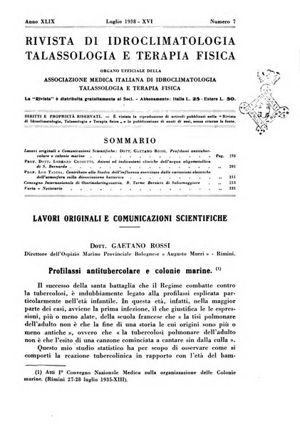 Rivista di idroclimatologia, talassologia e terapia fisica organo ufficiale dell'Associazione medica italiana di idroclimatologia talassologia e terapia fisica