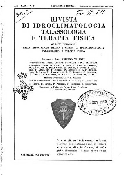 Rivista di idroclimatologia, talassologia e terapia fisica organo ufficiale dell'Associazione medica italiana di idroclimatologia talassologia e terapia fisica