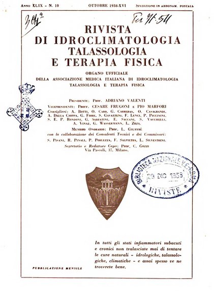 Rivista di idroclimatologia, talassologia e terapia fisica organo ufficiale dell'Associazione medica italiana di idroclimatologia talassologia e terapia fisica