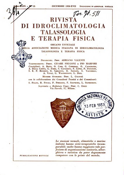 Rivista di idroclimatologia, talassologia e terapia fisica organo ufficiale dell'Associazione medica italiana di idroclimatologia talassologia e terapia fisica