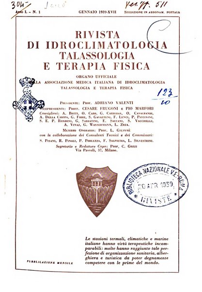 Rivista di idroclimatologia, talassologia e terapia fisica organo ufficiale dell'Associazione medica italiana di idroclimatologia talassologia e terapia fisica