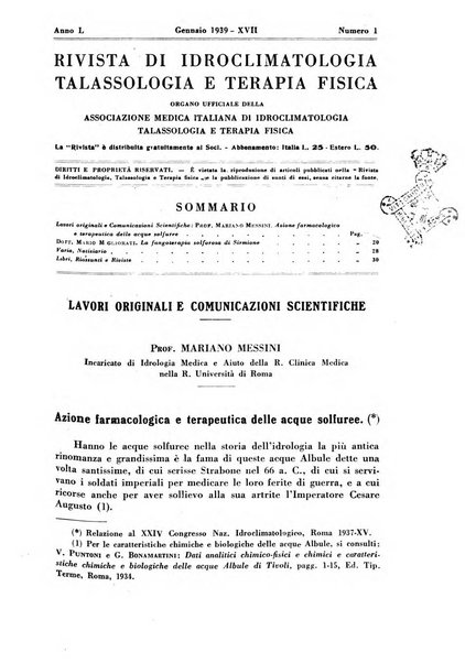 Rivista di idroclimatologia, talassologia e terapia fisica organo ufficiale dell'Associazione medica italiana di idroclimatologia talassologia e terapia fisica