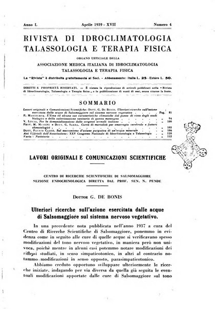 Rivista di idroclimatologia, talassologia e terapia fisica organo ufficiale dell'Associazione medica italiana di idroclimatologia talassologia e terapia fisica