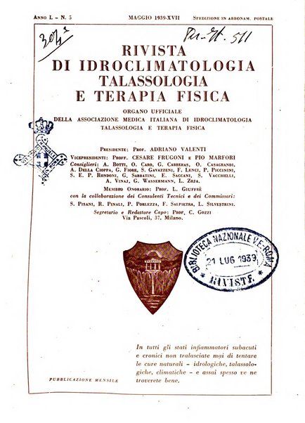 Rivista di idroclimatologia, talassologia e terapia fisica organo ufficiale dell'Associazione medica italiana di idroclimatologia talassologia e terapia fisica