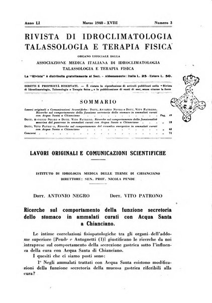 Rivista di idroclimatologia, talassologia e terapia fisica organo ufficiale dell'Associazione medica italiana di idroclimatologia talassologia e terapia fisica