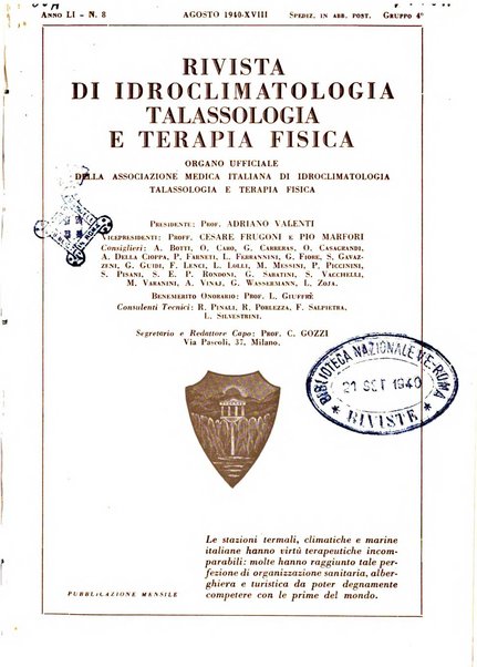 Rivista di idroclimatologia, talassologia e terapia fisica organo ufficiale dell'Associazione medica italiana di idroclimatologia talassologia e terapia fisica