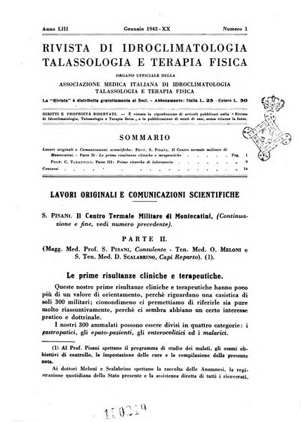 Rivista di idroclimatologia, talassologia e terapia fisica organo ufficiale dell'Associazione medica italiana di idroclimatologia talassologia e terapia fisica