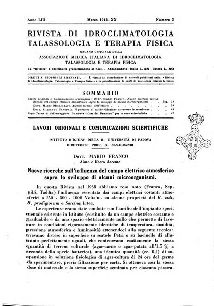 Rivista di idroclimatologia, talassologia e terapia fisica organo ufficiale dell'Associazione medica italiana di idroclimatologia talassologia e terapia fisica