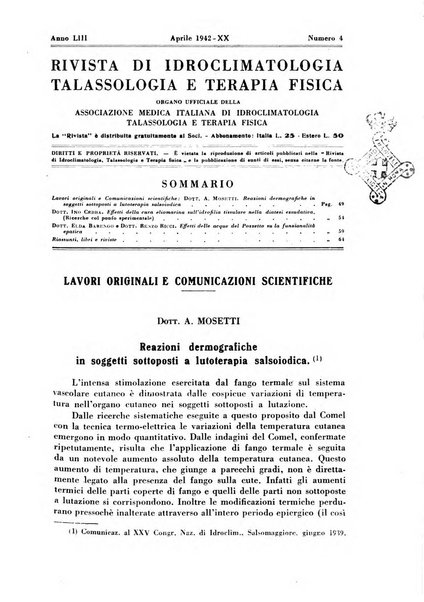 Rivista di idroclimatologia, talassologia e terapia fisica organo ufficiale dell'Associazione medica italiana di idroclimatologia talassologia e terapia fisica