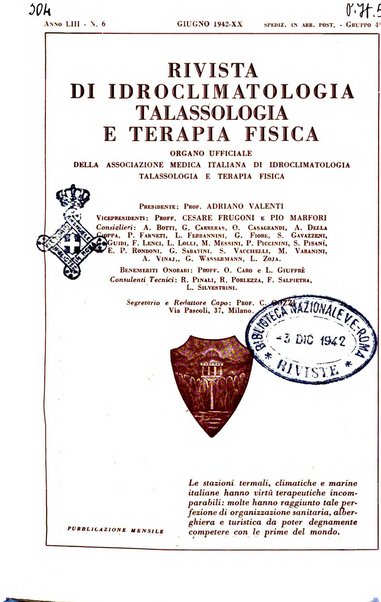 Rivista di idroclimatologia, talassologia e terapia fisica organo ufficiale dell'Associazione medica italiana di idroclimatologia talassologia e terapia fisica