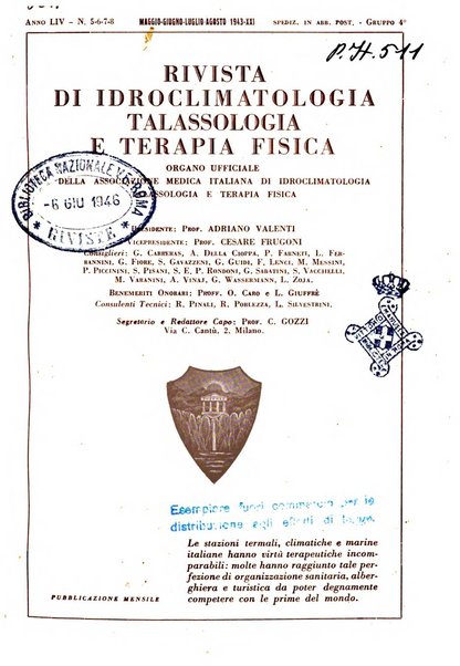 Rivista di idroclimatologia, talassologia e terapia fisica organo ufficiale dell'Associazione medica italiana di idroclimatologia talassologia e terapia fisica