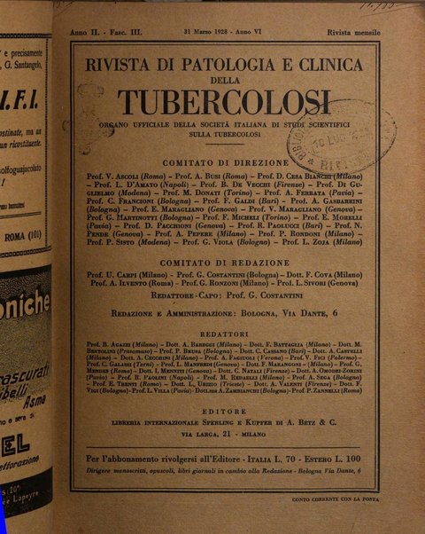 Rivista di patologia e clinica della tubercolosi organo ufficiale della Società italiana fascista di studi scientifici sulla tubercolosi