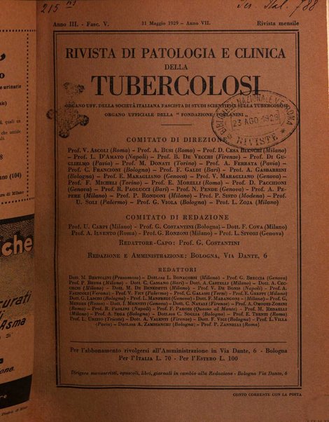 Rivista di patologia e clinica della tubercolosi organo ufficiale della Società italiana fascista di studi scientifici sulla tubercolosi