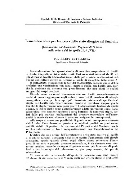 Rivista di patologia e clinica della tubercolosi organo ufficiale della Società italiana fascista di studi scientifici sulla tubercolosi