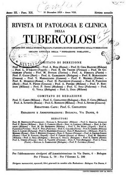 Rivista di patologia e clinica della tubercolosi organo ufficiale della Società italiana fascista di studi scientifici sulla tubercolosi