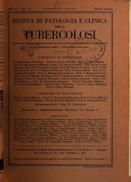 Rivista di patologia e clinica della tubercolosi organo ufficiale della Società italiana fascista di studi scientifici sulla tubercolosi