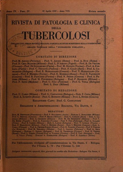 Rivista di patologia e clinica della tubercolosi organo ufficiale della Società italiana fascista di studi scientifici sulla tubercolosi