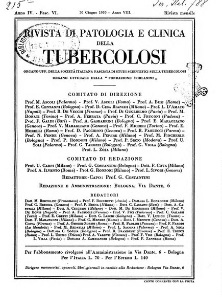 Rivista di patologia e clinica della tubercolosi organo ufficiale della Società italiana fascista di studi scientifici sulla tubercolosi