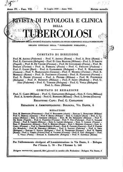 Rivista di patologia e clinica della tubercolosi organo ufficiale della Società italiana fascista di studi scientifici sulla tubercolosi