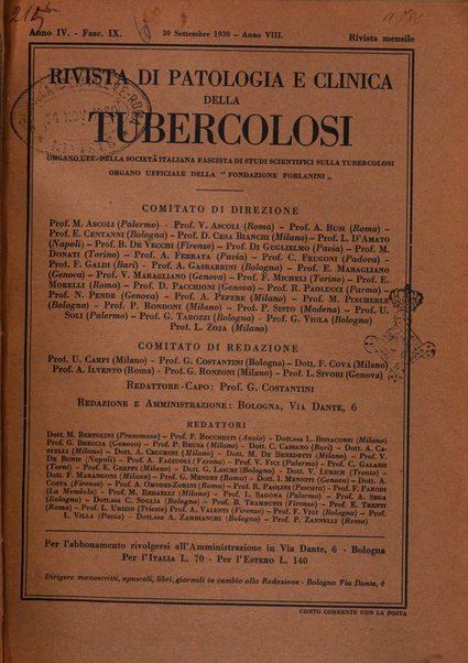 Rivista di patologia e clinica della tubercolosi organo ufficiale della Società italiana fascista di studi scientifici sulla tubercolosi