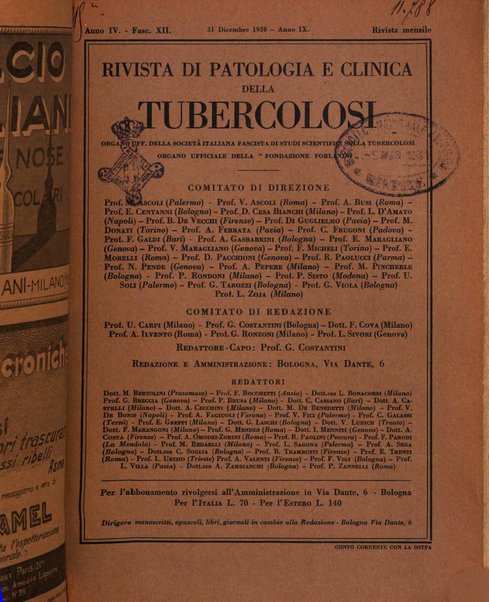 Rivista di patologia e clinica della tubercolosi organo ufficiale della Società italiana fascista di studi scientifici sulla tubercolosi