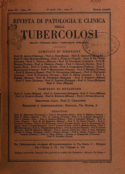 Rivista di patologia e clinica della tubercolosi organo ufficiale della Società italiana fascista di studi scientifici sulla tubercolosi