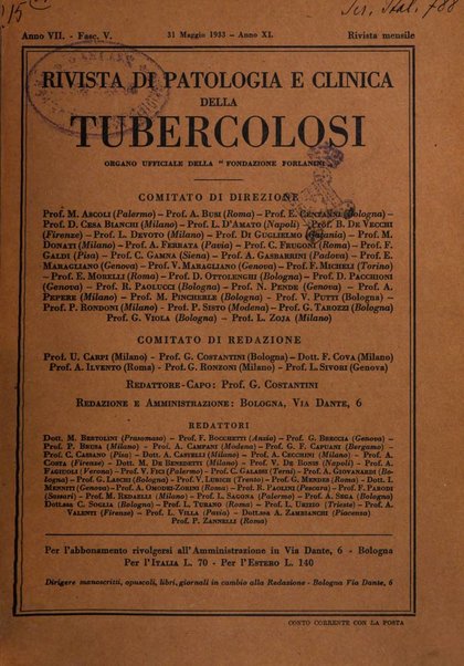 Rivista di patologia e clinica della tubercolosi organo ufficiale della Società italiana fascista di studi scientifici sulla tubercolosi