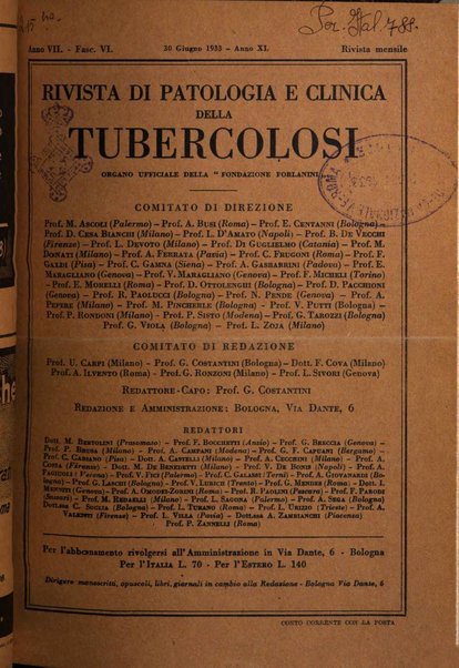 Rivista di patologia e clinica della tubercolosi organo ufficiale della Società italiana fascista di studi scientifici sulla tubercolosi