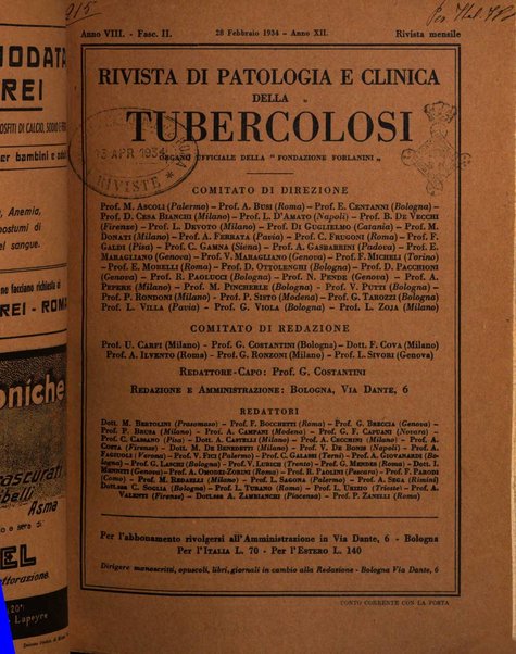 Rivista di patologia e clinica della tubercolosi organo ufficiale della Società italiana fascista di studi scientifici sulla tubercolosi