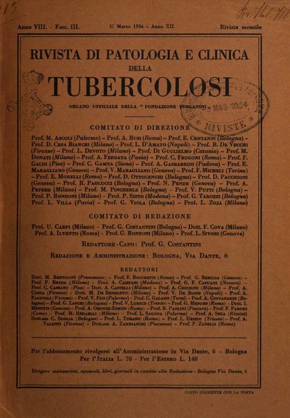 Rivista di patologia e clinica della tubercolosi organo ufficiale della Società italiana fascista di studi scientifici sulla tubercolosi