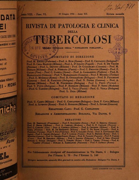 Rivista di patologia e clinica della tubercolosi organo ufficiale della Società italiana fascista di studi scientifici sulla tubercolosi