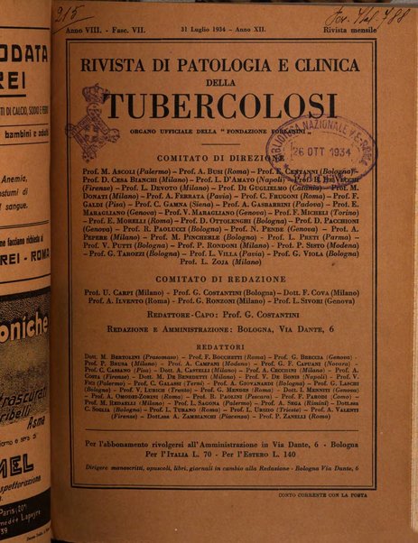 Rivista di patologia e clinica della tubercolosi organo ufficiale della Società italiana fascista di studi scientifici sulla tubercolosi