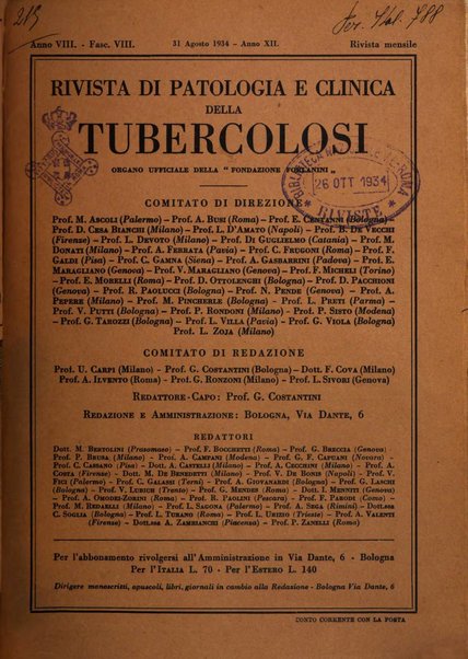 Rivista di patologia e clinica della tubercolosi organo ufficiale della Società italiana fascista di studi scientifici sulla tubercolosi