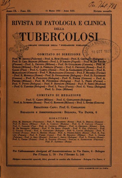 Rivista di patologia e clinica della tubercolosi organo ufficiale della Società italiana fascista di studi scientifici sulla tubercolosi