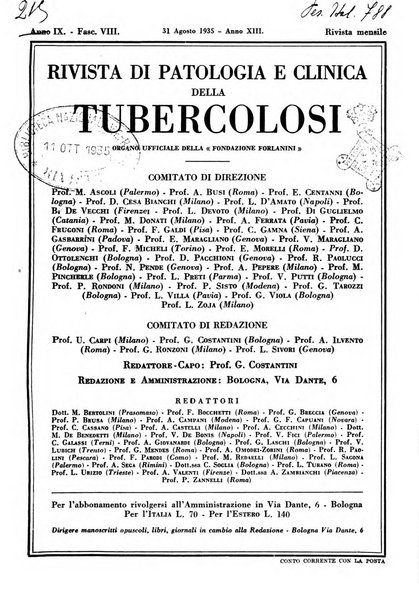 Rivista di patologia e clinica della tubercolosi organo ufficiale della Società italiana fascista di studi scientifici sulla tubercolosi