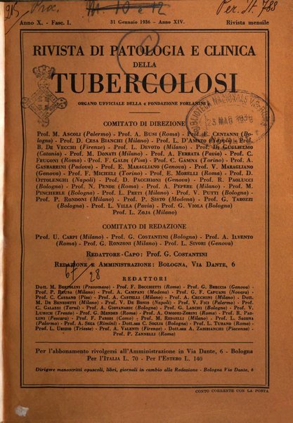 Rivista di patologia e clinica della tubercolosi organo ufficiale della Società italiana fascista di studi scientifici sulla tubercolosi